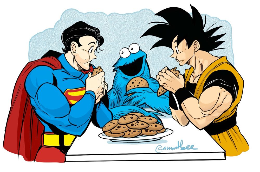 Superman, the Cookie Monster and Goku share a meal eating cookies together. 