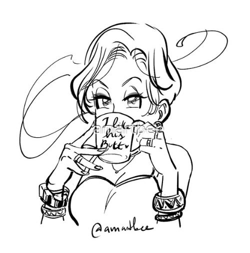 Bulma is holding a cup that says I love his butt