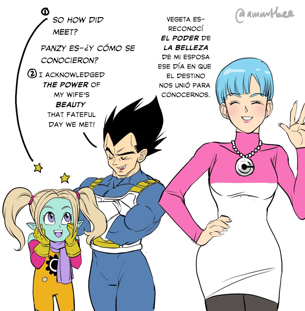 Panzy and Vegeta are talking as Bulma is waiving goodbye. Panzy y Vegeta están hablando mientras que Bulma se esta despidiendo. 

En- Panzy: so how did you meet?
Vegeta- I acknowledged my wife’s duty that fateful day we met!

Es- Panzy: ¿Y como se conocieron?
Vegeta: reconocí el poder de la belleza de mi esposa ese día en que el destino nos unió para conocernos. 