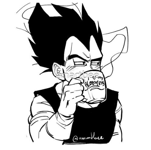 Vegeta is holding a cup that says I love my bloomers