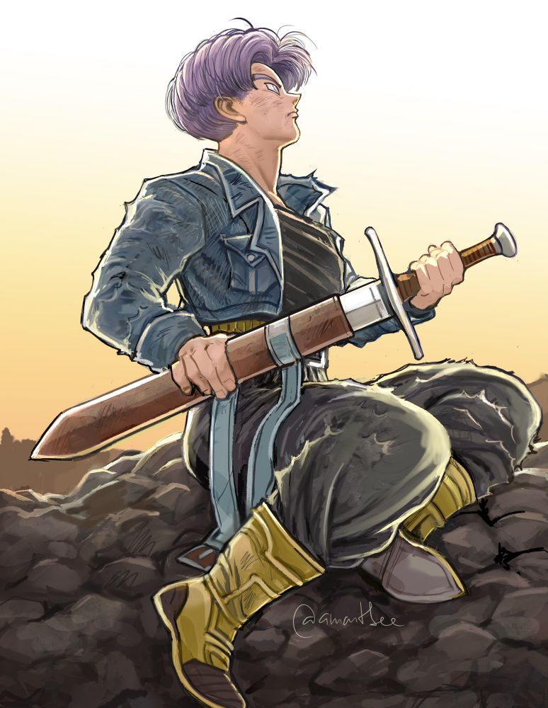 Trunks is sitting after a long fight pushing his sword back to his scabbard looking up at the sundown sky… 