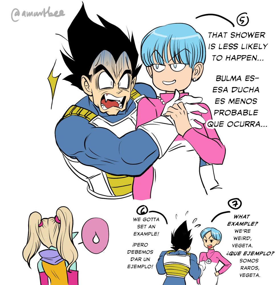 Bulma is annoyed of Vegeta’s actions and removes his hand from her face with a threat. Vegeta is shocked. Bulma se enoja con las acciones de Vegeta y remueve su mano de la cara de ella con una amenaza. Vegeta queda impactado. 
En- Bulma: that shower is less likely to happen… 
Vegeta- But we gotta set an example!
Bulma- what example? Were weird, Vegeta! 

Es-
Bulma: Eda ducha es menos probable que ocurra…
Vegeta:!
Vegeta: ¡pero debemos dar un ejemplo! 
Bulma: ¿Que ejemplo? Somos raros, Vegeta!

