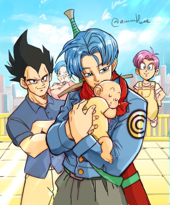 Mirai Trunks is hugging and holding her sister Bulla (Bra) for the first time. Vegeta and Trunks observe from the back while Bulma is farther in the background, shedding a tear. They're on the balcony on Capsule Corp. Based on one of the alternate stories from Sparking Zero. 