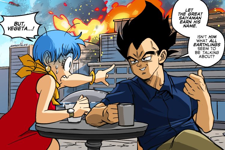 Vegeta and Bulma are drinking coffee while there's an explosion in the city right behind them. It's a parody of Invincible.  
Bulma: But Vegeta...!
Vegeta: Let the Great Saiyan earn his name. Isn't him what all earthlings seem to be talking about?