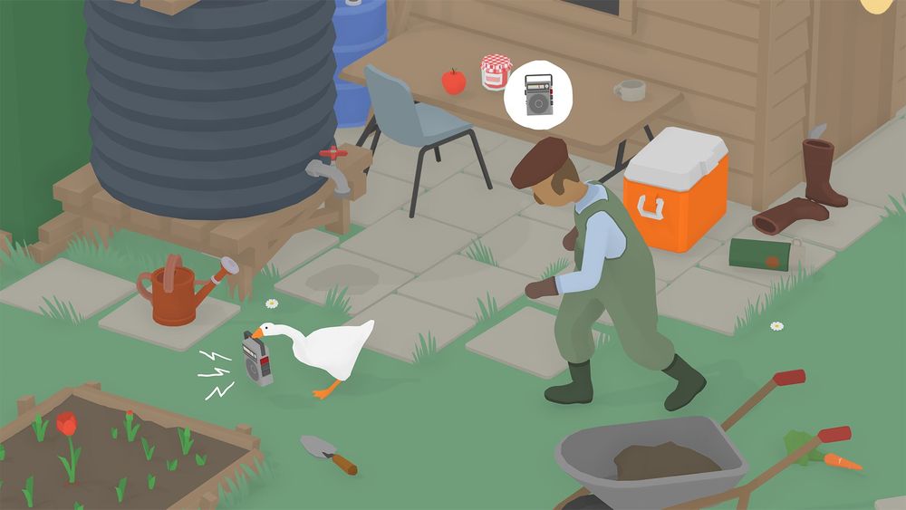 A screenshot from the game Untitled Goose Game, depicting a groundskeeper chasing a goose, who is carrying a handheld radio in its beak, across a garden.