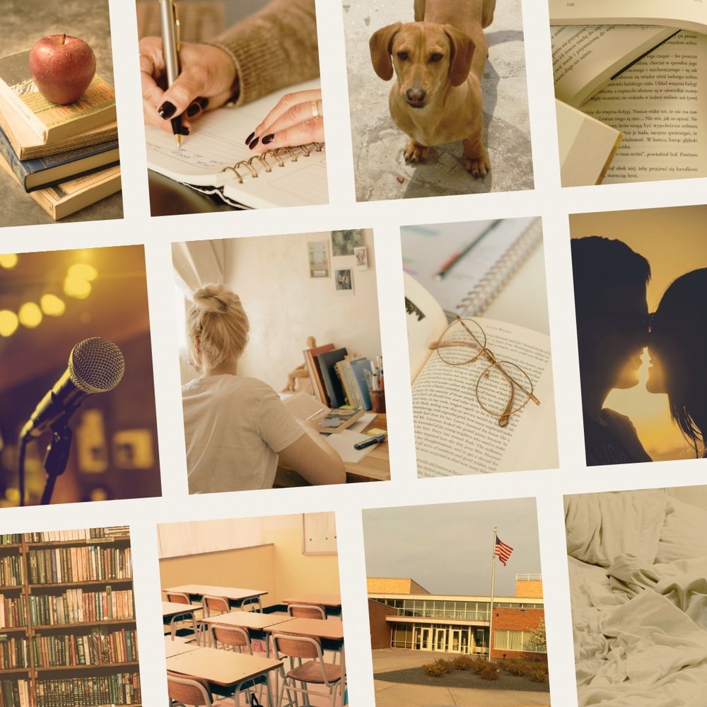 Warm golden collage of images including a woman at a desk, bookshelves, the front of a school, a silhouetted couple kissing, rumpled bedsheets, a karaoke microphone, and an adorably chubby dachshund