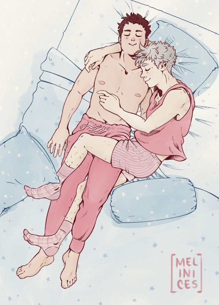 Daichi and Suga from Haikyuu sleeping together. Daichi is sleeping with his chest up and hands besides his body, Suga is cuddling besides him, using Daichi's shoulder as a pillow, interwining one leg under and another above one of Daichi's leg. Daichi uses Suga's arm as a pillow. There's a bed below them with three pillows, Suga using one of them, and the other two by their feet. Everything is painted softly, the bed with pastel blue and small stars, their clothes with a soft pink. Both characters smile happily in their sleep.