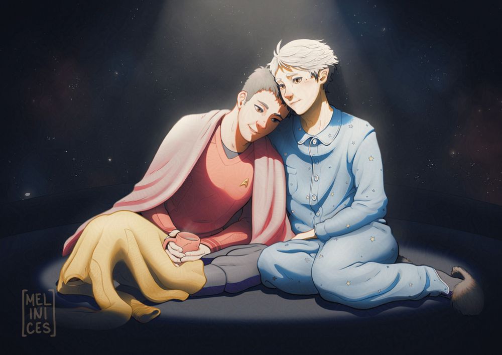 Daichi and Suga from Haikyuu!! fanart, in Star Trek AU. Both are sitting on the floor, a spotlight illuminates them from the complete darkness. Daichi has a soft nostalgic smile and wears the red operations shirt with two stripes is covered by a pink blanket, holds a mug of hot chocolate and is laying his head on Suga's shoulder. On his knee rests the yellow command shirt with three stripes of a ship captain. Suga has slightly pointy ears and is wearing a blue set of pyjamas spotted with little stars and a Tribble slipper. He carefully leans his head on top of Daichi's with a found expression and a little blush.