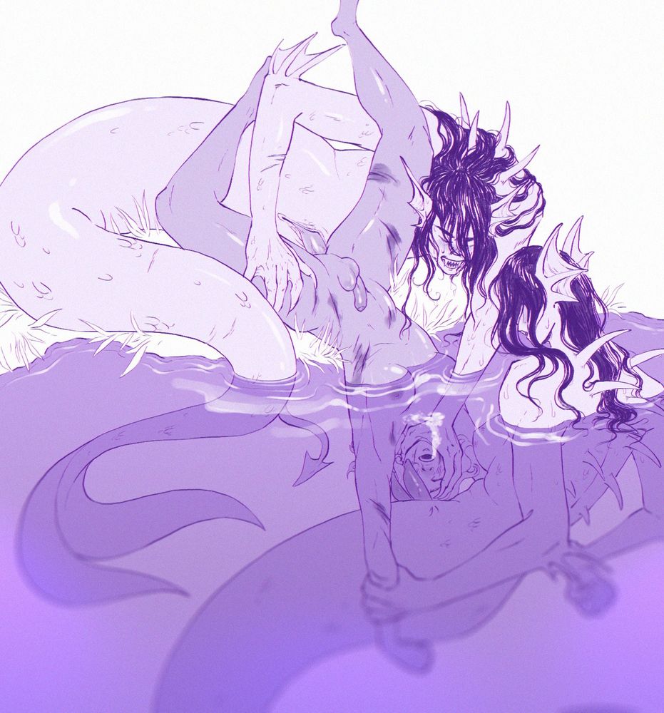 Purple colored sketch of two mermen using a tiefling trans girl. One of them is holding her head under water while the other one is fucking her.