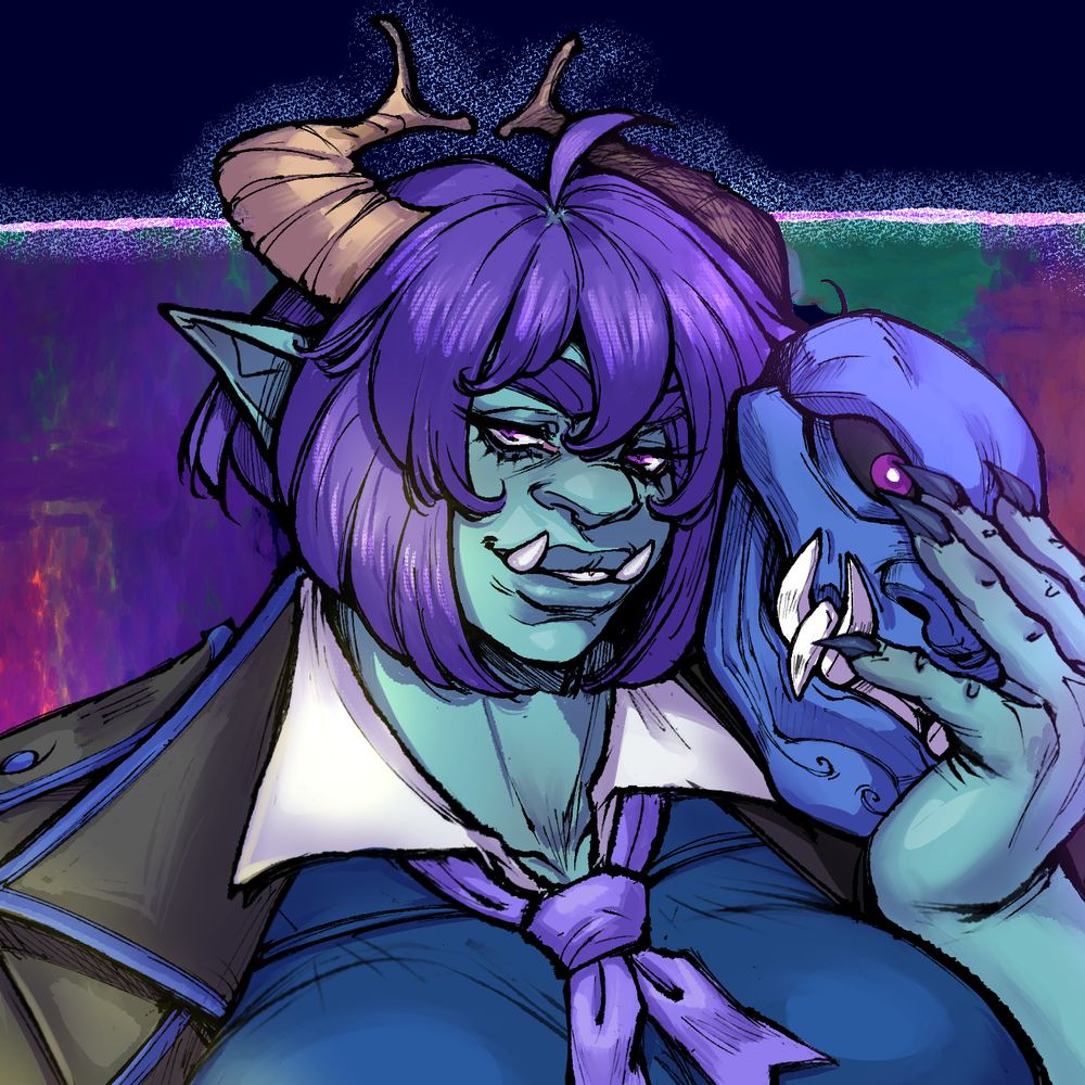 Closeup of said troll lady. She has purple hair and a blue oni mask