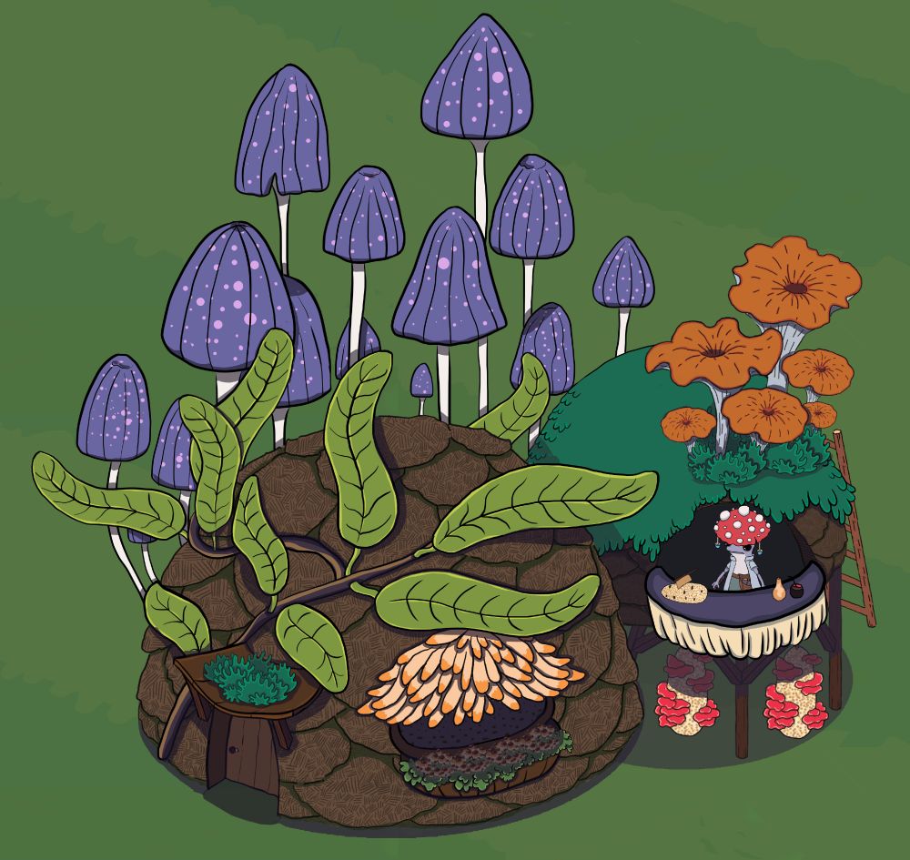 A hand drawn picture of a clay house overgrown with mushrooms and ferns, with large fungi behind the roof. A cozy game character, Kreeta, sits calmly on a second-floor balcony surrounded by fungal growth.