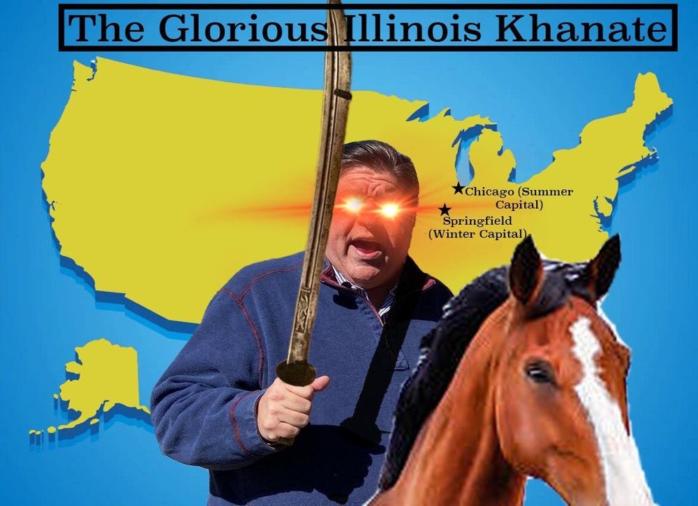 A photo of Pritzker with laser eyes, wielding a sword astride a horse, with a map of the US in the background with Chicago labeled as the Summer Capital and Springfield as the Winter Capital 