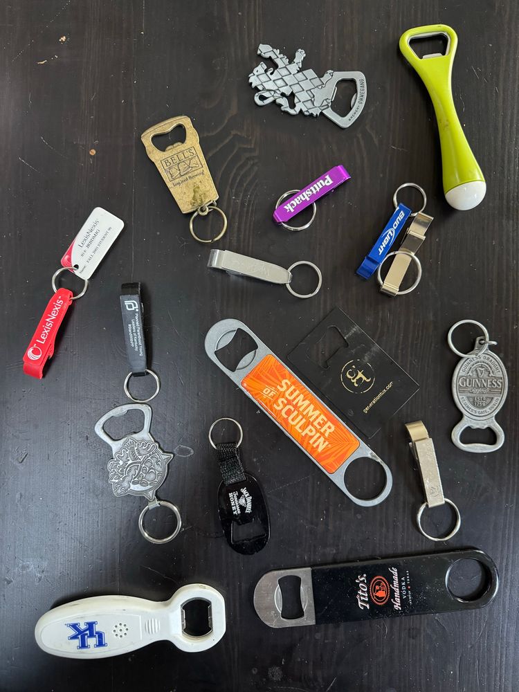 An assortment of bottle openers