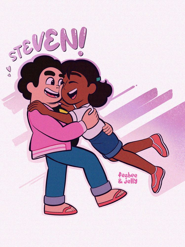 (Version 1) Steven Universe fanart. Connie is jumping into Steven’s arms for a hug, shrieking his name. feebeeandjelly