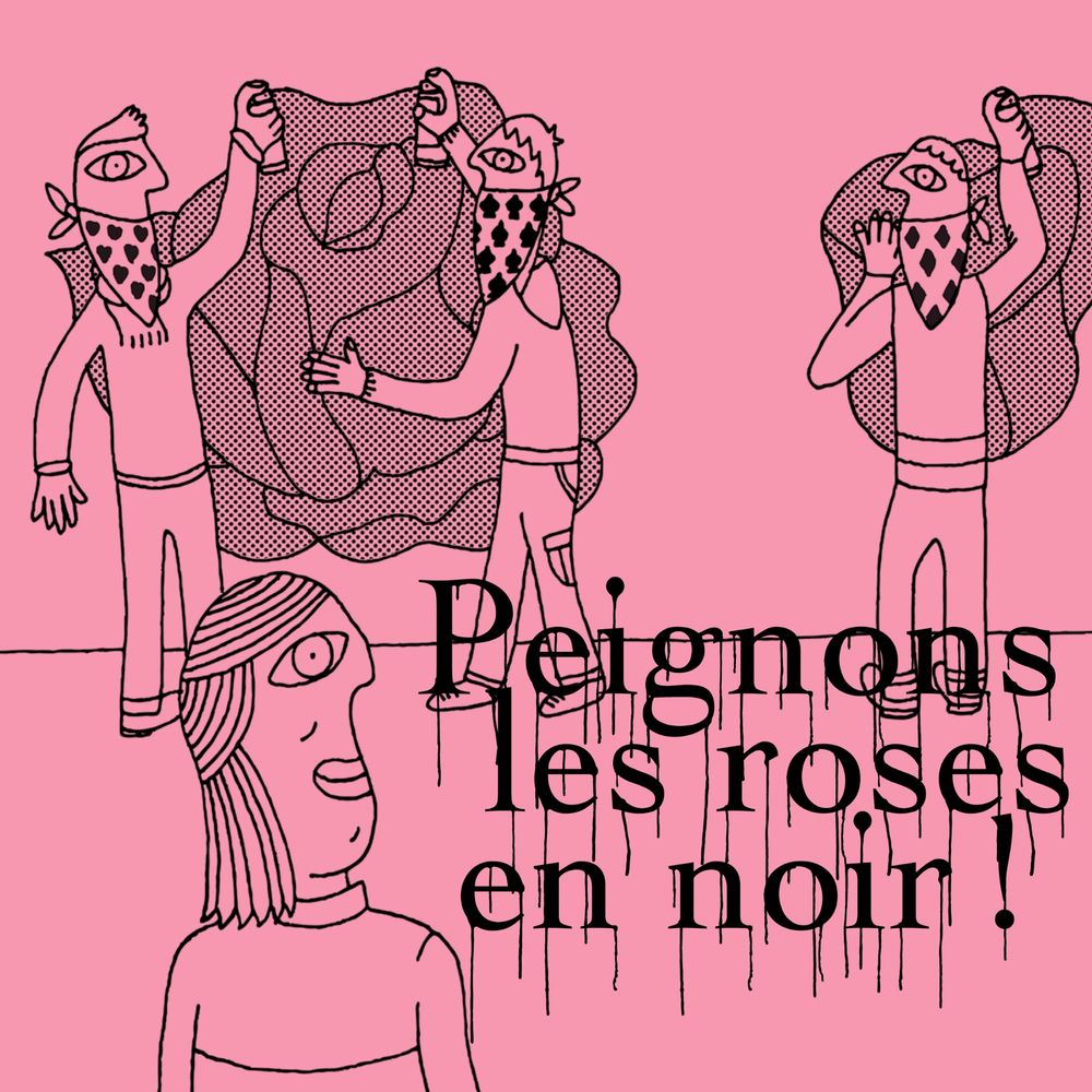Des personnages dessinés par JIEM  peignent des roses en noir