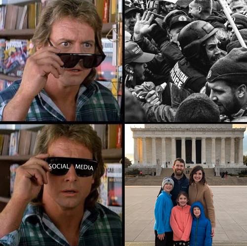 Rowdy Roddy Piper observes rioters beating federal police officer with astonished expression. After donning a set of glasses filtered by Social Media, he sees smiling tourist family posing for a picture at the Lincoln Memorial.
