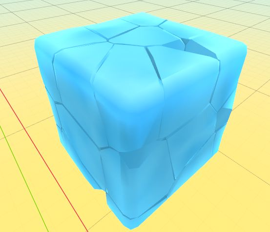 A cracked, bluish block of ice in Godot. The lighting is soft, and the shader fakes some subsurface scattering and uneven density within the ice mass.