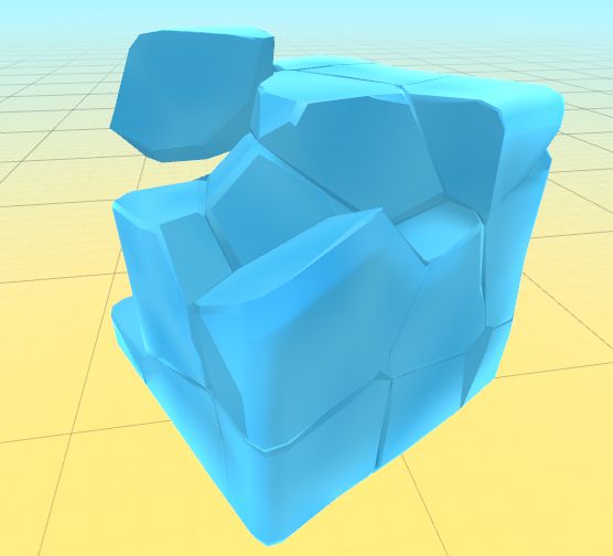 The same block of ice, but with some chunks removed. The internal facets of ice are less reflective.