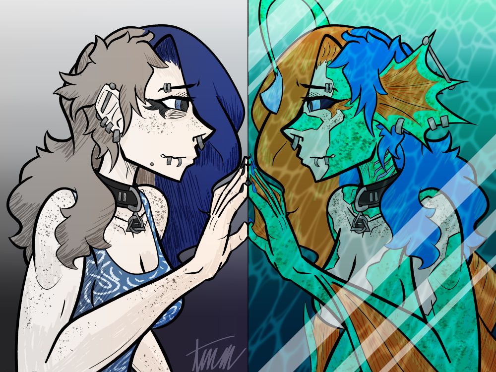 Digital illustration of a human woman looking longingly into a mirror, wherein the reflection shows the same woman as a merfolk submerged in water.