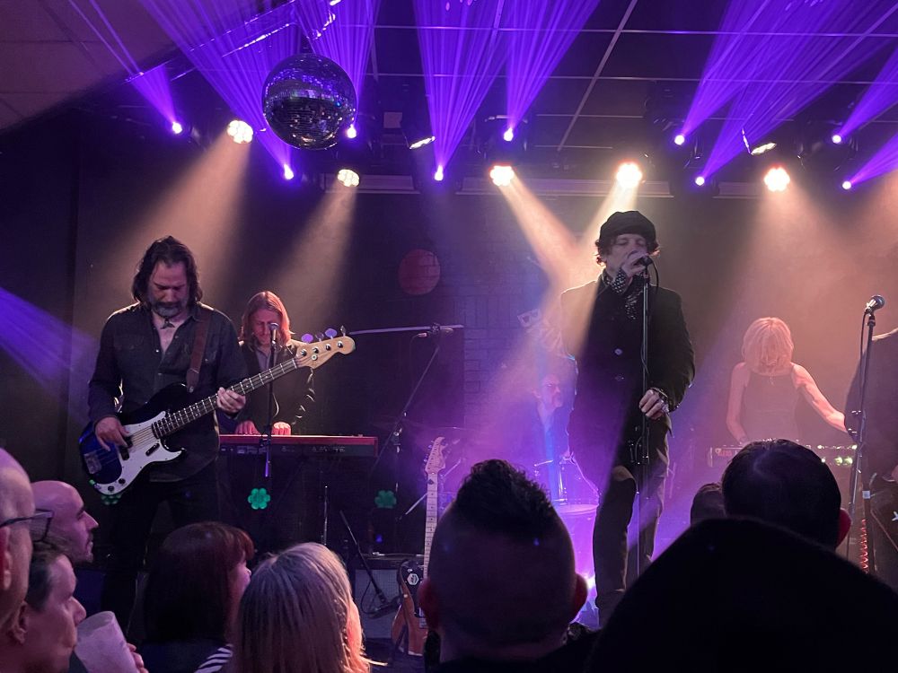 A picture of the lead singer and bass player from mercury rev on stage performing