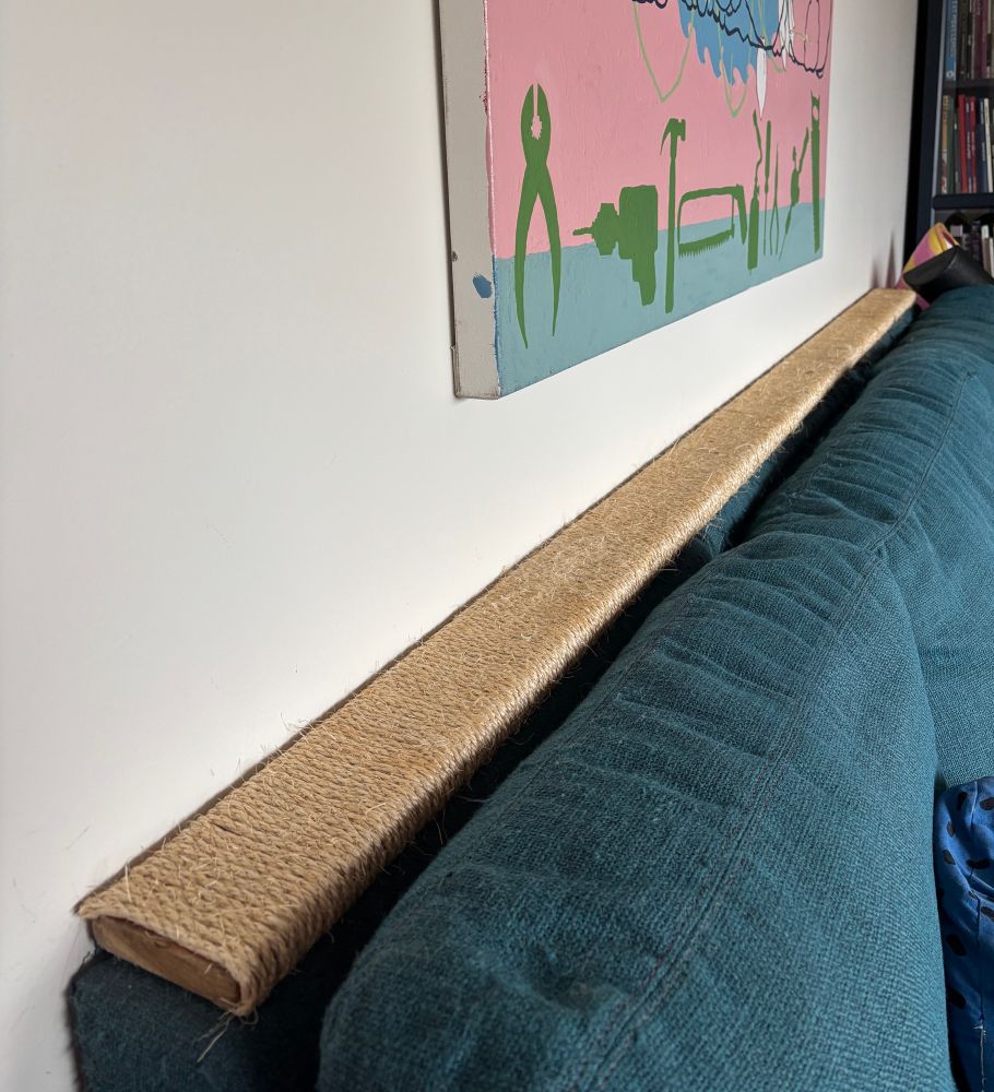 10 foot 2”x4” wrapped in jute rope held on with wood glue to become a giant cat scratcher. 