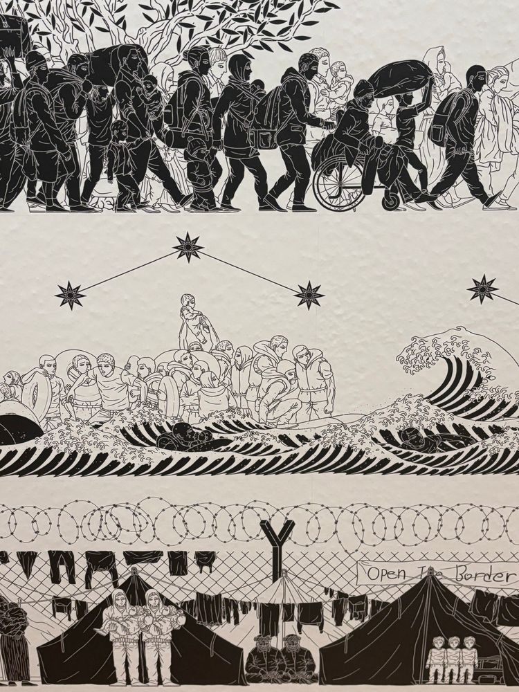 Ai Weiwei odyssey 

Top row: refugees marching in front of a tree. Children and a wheelchair user are in the procession

Middle row: refugees with inner tubes come ashore. A small child is held aloft. A man with a child have fallen. There are navigational stars in the sky and the waves are inspired by Hokusai

Bottom row: people on refugee camp have laundry hanging on the barbed wire fence behind tents. A banner says Open the Border 

Show tag:  Odyssey, 2017
Wallpaper
Courtesy of Ai Weiwei Studio
Ai redefines the horrific experiences of refugees by depicting their arduous journeys in the heroic style of Greek vases and Egyptian carvings, based on six themes: War, Ruins, Journey, Crossing the Sea, Refugee Camps, and Demonstrations. Studying art and literature, Ai and his team hoped to identify root causes of refugee crises throughout history, including war, religious conflict, economic pressures, and environmental change.