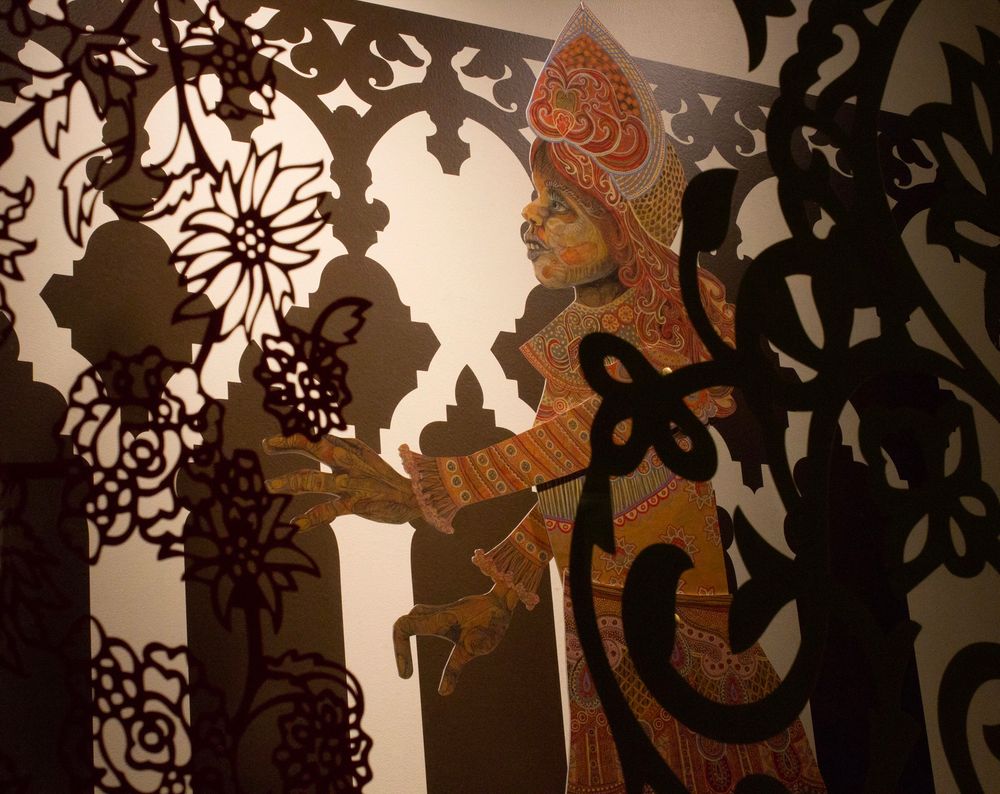 The Firebird scene 6. Tsarina runs though a garden 

Ornate puppet in layers of flat graphic floral motifs with architectural details behind

Digitally printed cut PVC, cut vinyl 

2012 for Storefronts Seattle