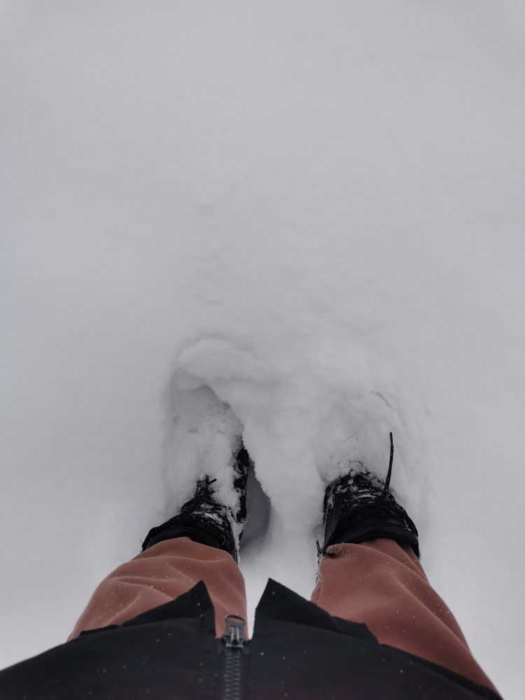 A person's legs and feet, standing in ankle-deep snow.
