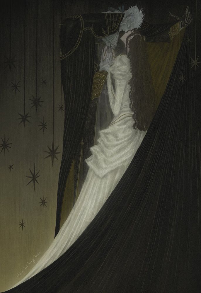 Illustration of Meier Link & Charlotte Elbourne from Vampire Hunter D. They are standing lovingly close and facing each other with their eyes closed and faces just touching. Charlotte’s hands rest on Meier’s chest with one of Meier’s hands resting atop hers and the other raised to envelope his cape around them. Stars surround them.
