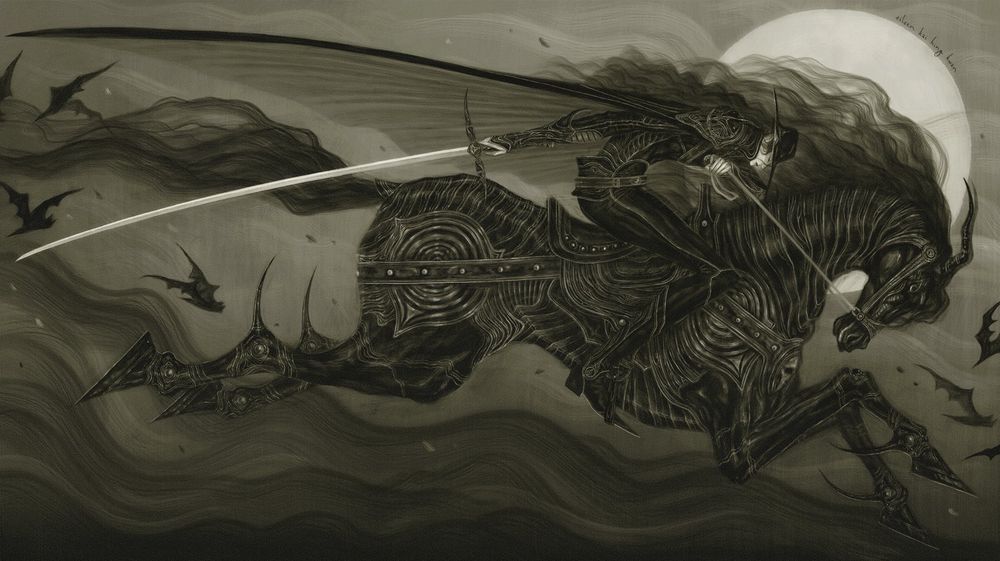 Illustration of Vampire Hunter D riding in the moonlight on his horse with his sword held in one hand behind him.