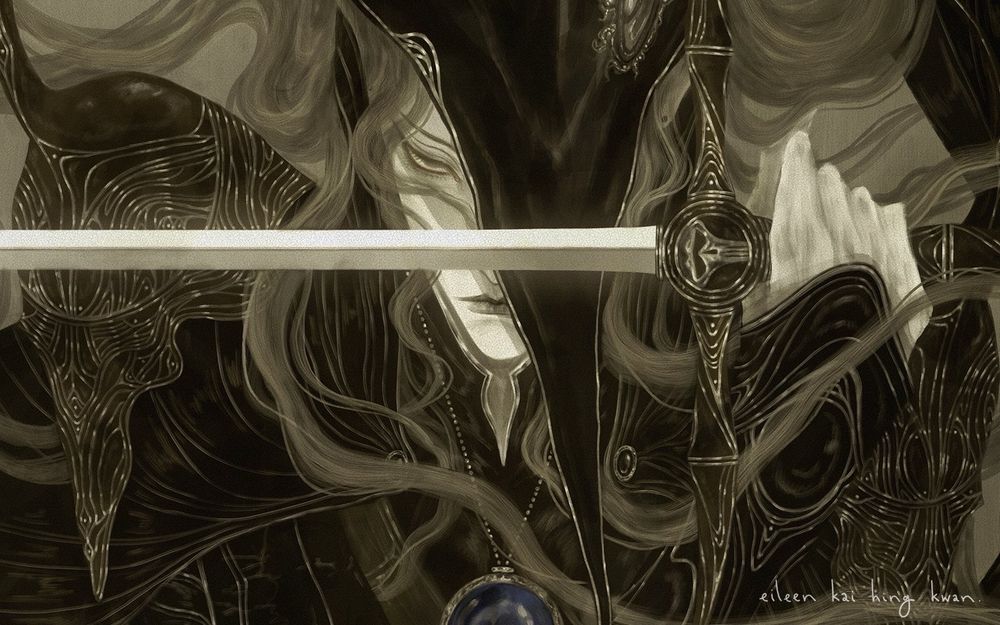 Vampire Hunter D holding his sword across his face. One eye stares at you from under his hat.