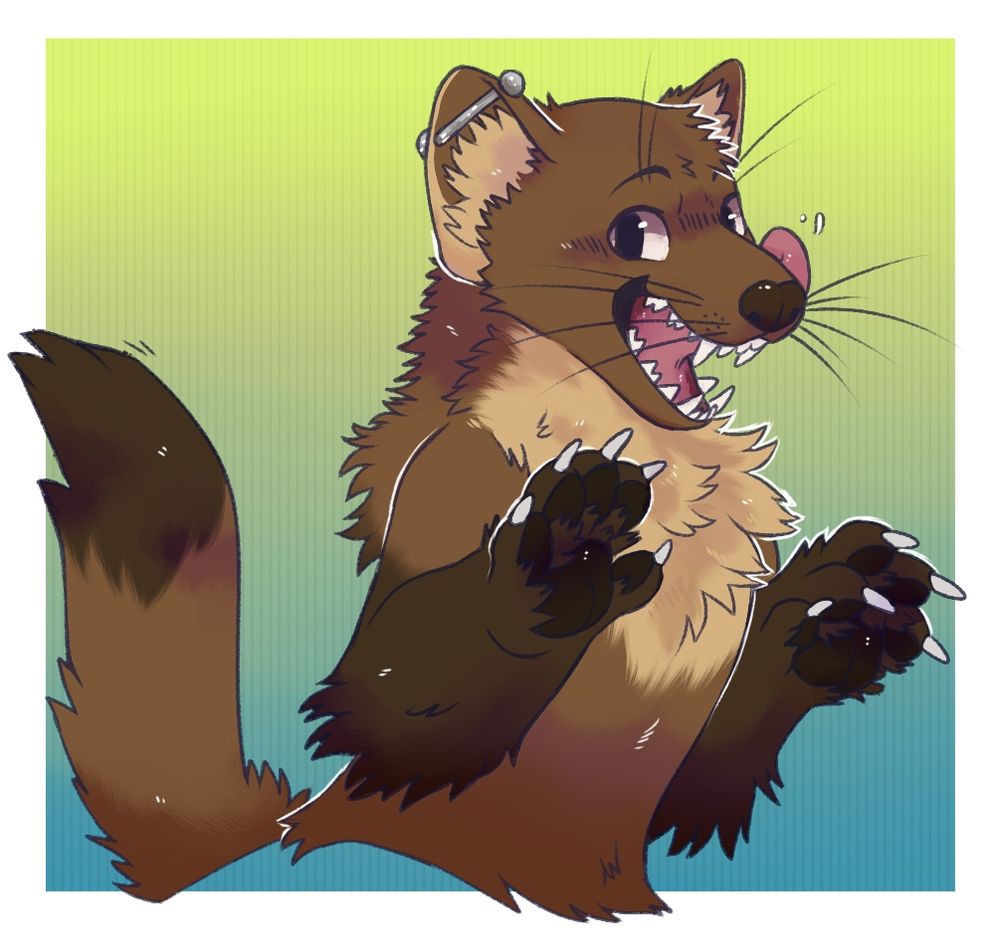 artwork by SalemDragon of a pine marten showing off their paws n fangs against a green blue background