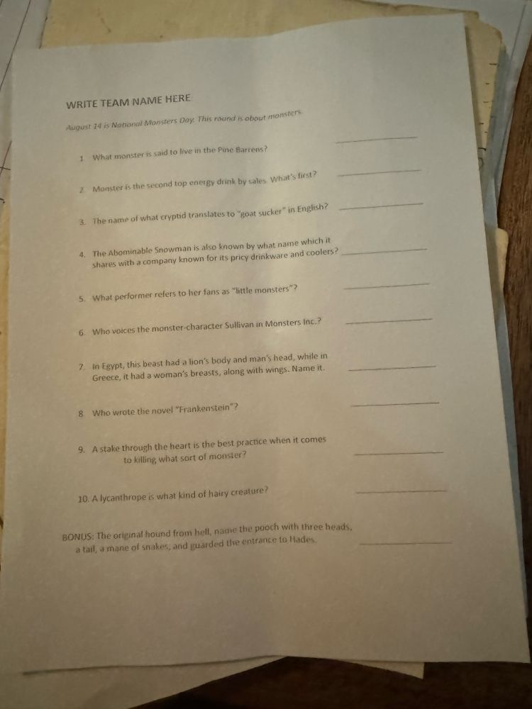Quizzo speed round about monsters 