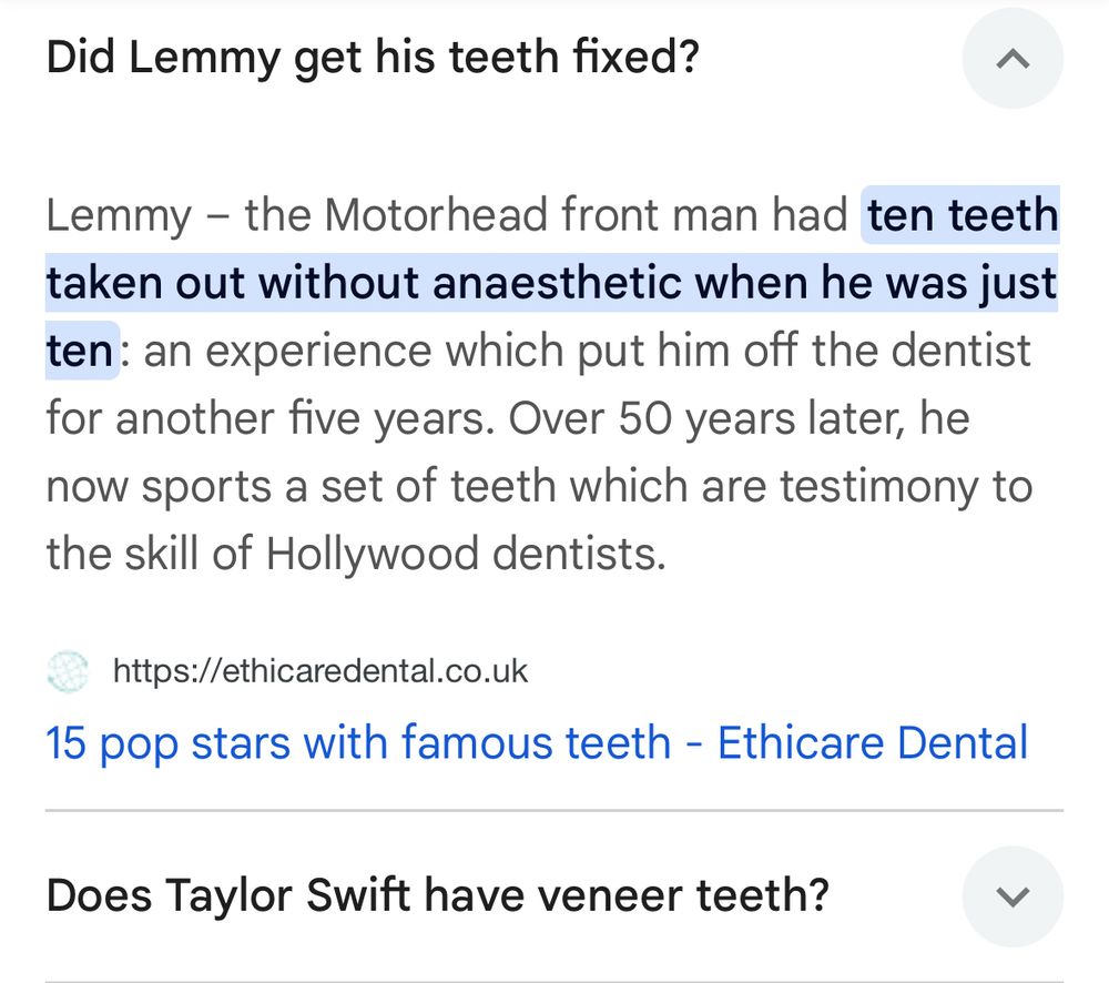 Lemmy got 10 teeth removed sans anesthetic when he was 10. Does Taytay have veneers?