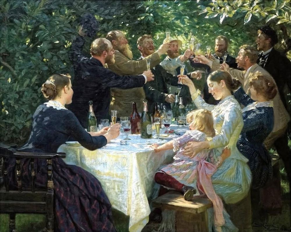 Painting of a party of people lifting their glasses around a table outside in a garden