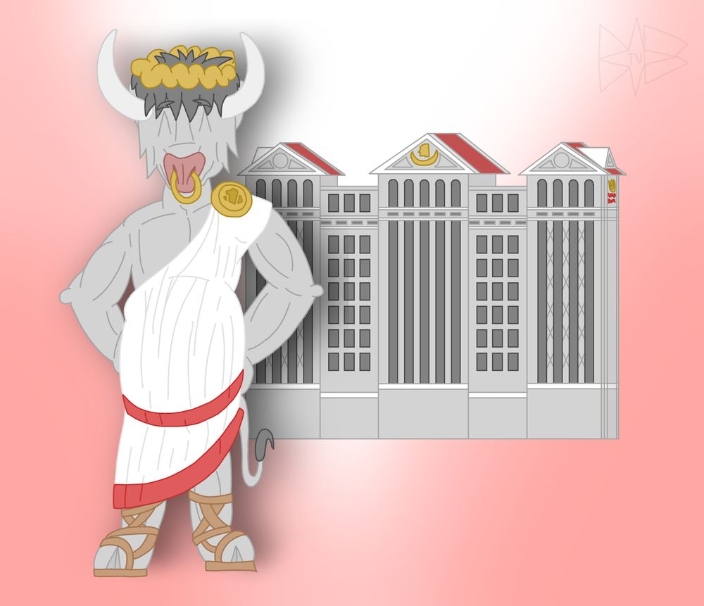 Caesar, a minotaur wearing a robe and wreath on his head, closing his eyes and smiling. In the background is Caesars Palace, the hotel in Las Vegas he is the personification of.