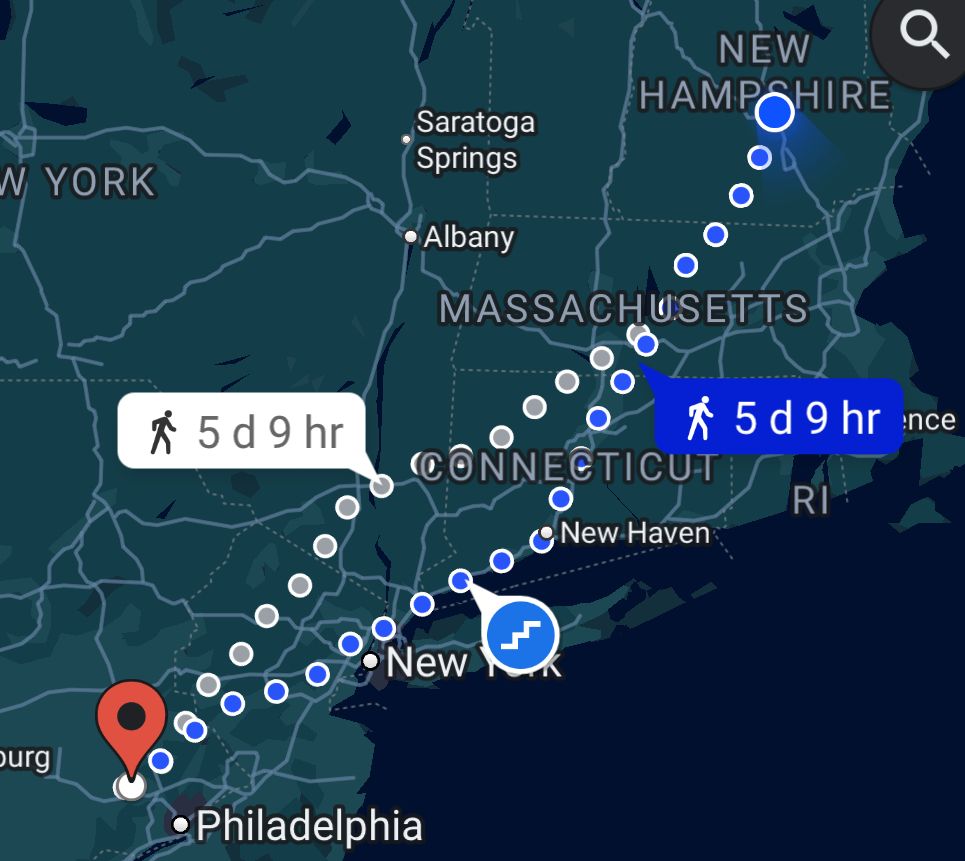 a google maps screenshot showing a walking path from the Capitol region of New Hampshire and Oaks, Pennsylvania. It shows two candidate paths, both taking five days nine hours. It also states that halfway through there are some stairs, for some reason?
