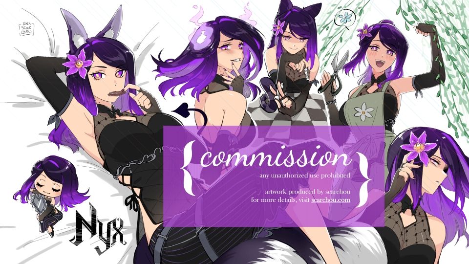 Sketch page of Nyx in various scenes with exquisite expressions; lounging down in her fox form snacking, looking back with a devilish look, sassing down the opponent in chess, gleefully visiting her garden, leering over her shoulder