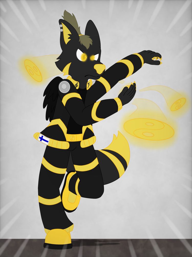 A black fox with lemon yellow accents wearing a matching color jacket, pants, and shoes. The flag of Finland is visible on the lower jacket seam. He is sprinting towards the viewer with an angry expression and throwing “shurikens” shaped like Yin-Yangs.