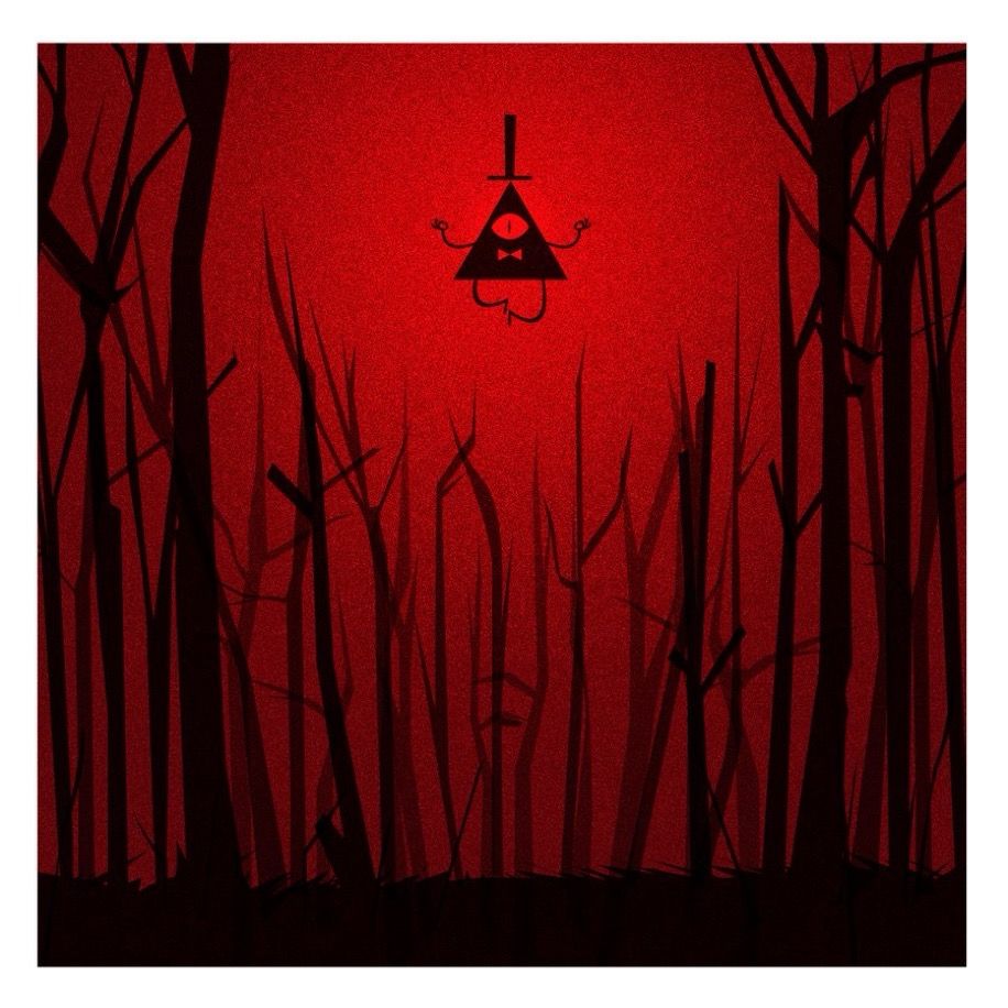 Bill Cipher Gravity Falls antagonist floating over dead woods 