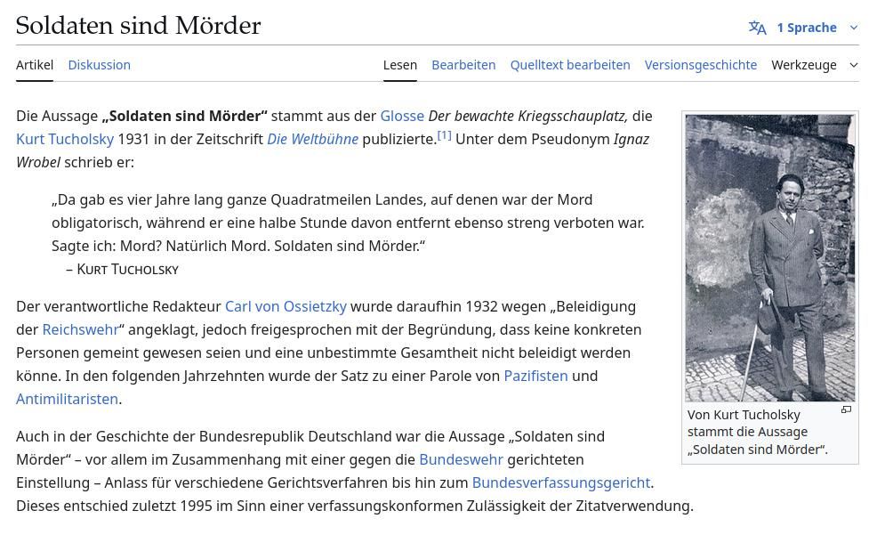 Screenshot Wikipedia Artikel "Soldaten sind Mörder"