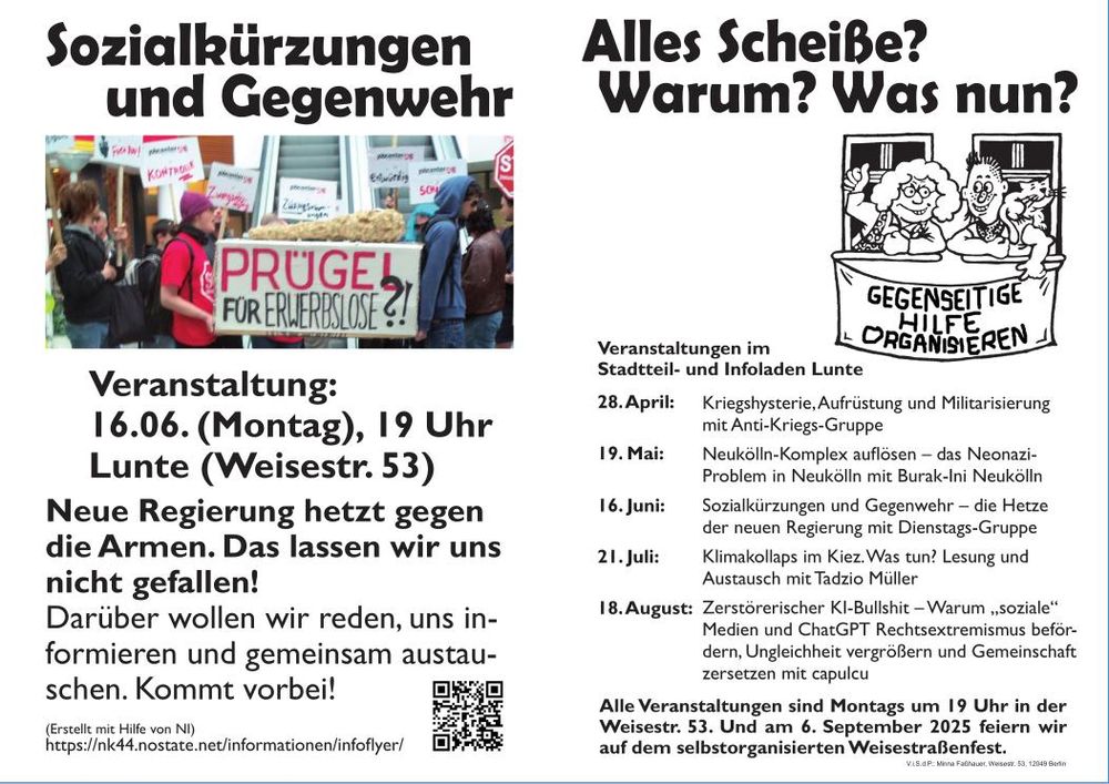 Flyer zur Veranstaltung gegen Sozialkürzungen am 16.6.2025