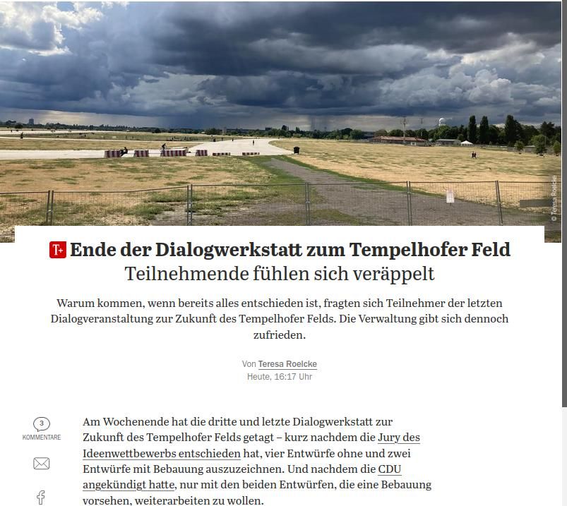 Screenshot Tagesspiegel zum Ende der Dialogwerkstatt #TempelhoferFeld