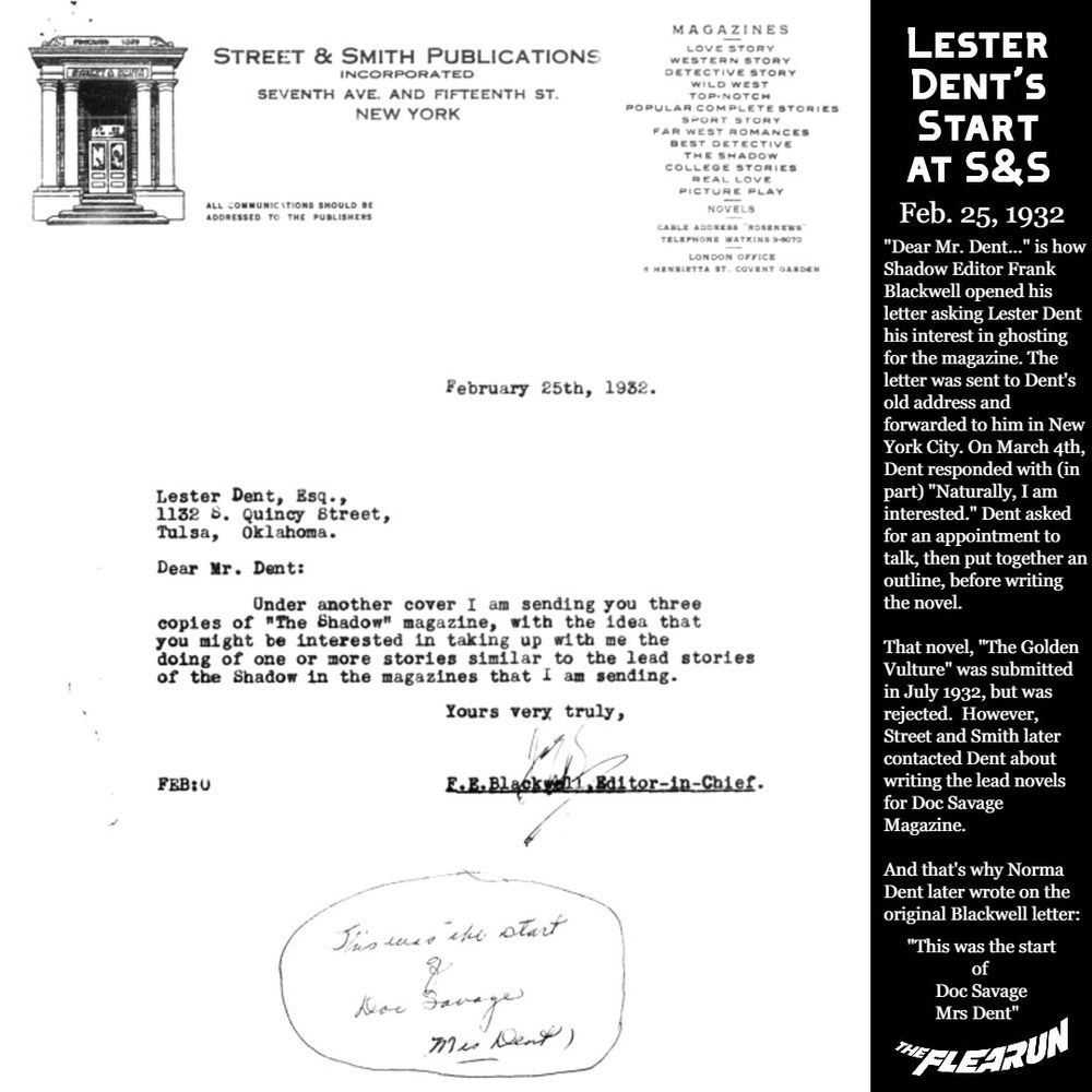 A Feb 1932 letter from Street & Smith asking Lester Dent to submit a Shadow novel. This led to Dent getting the Doc Savage gig.
