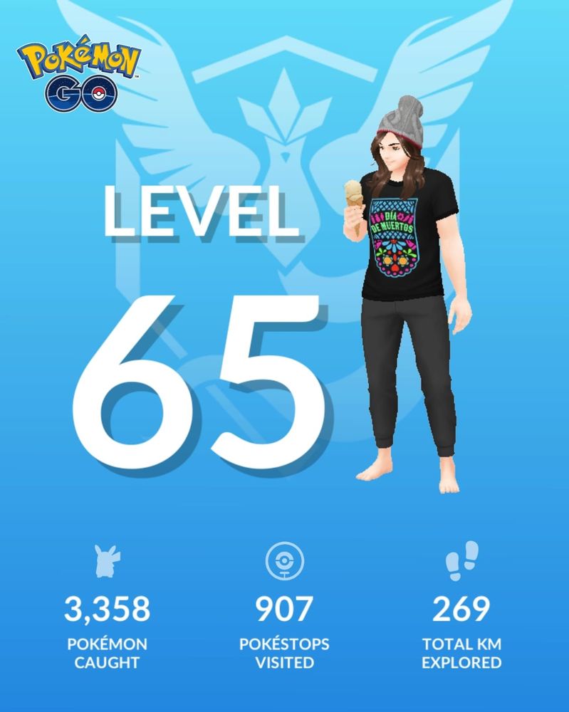 Pokémon GO profile card showing level 65 and the achievements to reach it with the new leveling update. 