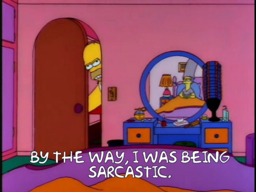 Homer angrily peaking his head into the bedroom. 

Caption: “BY THE WAY, I WAS BEING SARCASTIC.”