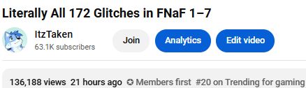 Screenshot of YouTube video "Literally All 172 Glitches in FNaF 1–7" by ItzTaken. It is #20 on Trending for gaming, with 136,188 views, 21 hours ago.