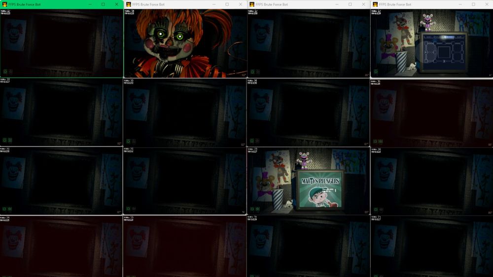 4x4 grid of FFPS games playing the Night section. Most are watching the right vent, with one being jumpscared by Scrap Baby, and another watching a Marty's Plungers ad.