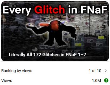 Screenshot of YouTube video titled "Literally All 172 Glitches in FNaF 1–7" with 1.0M views