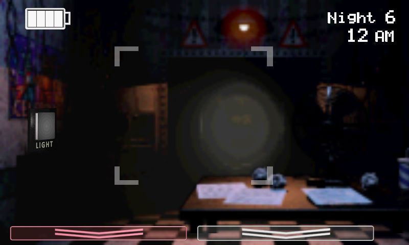 Gameplay image of Five Nights at Freddy's 2 ported to the Windows Phone. Big textures like the pizzeria, and table & fan are comically downscaled 4x, showcased with Golden Freddy's hall flashlight render, barely visible in the compression